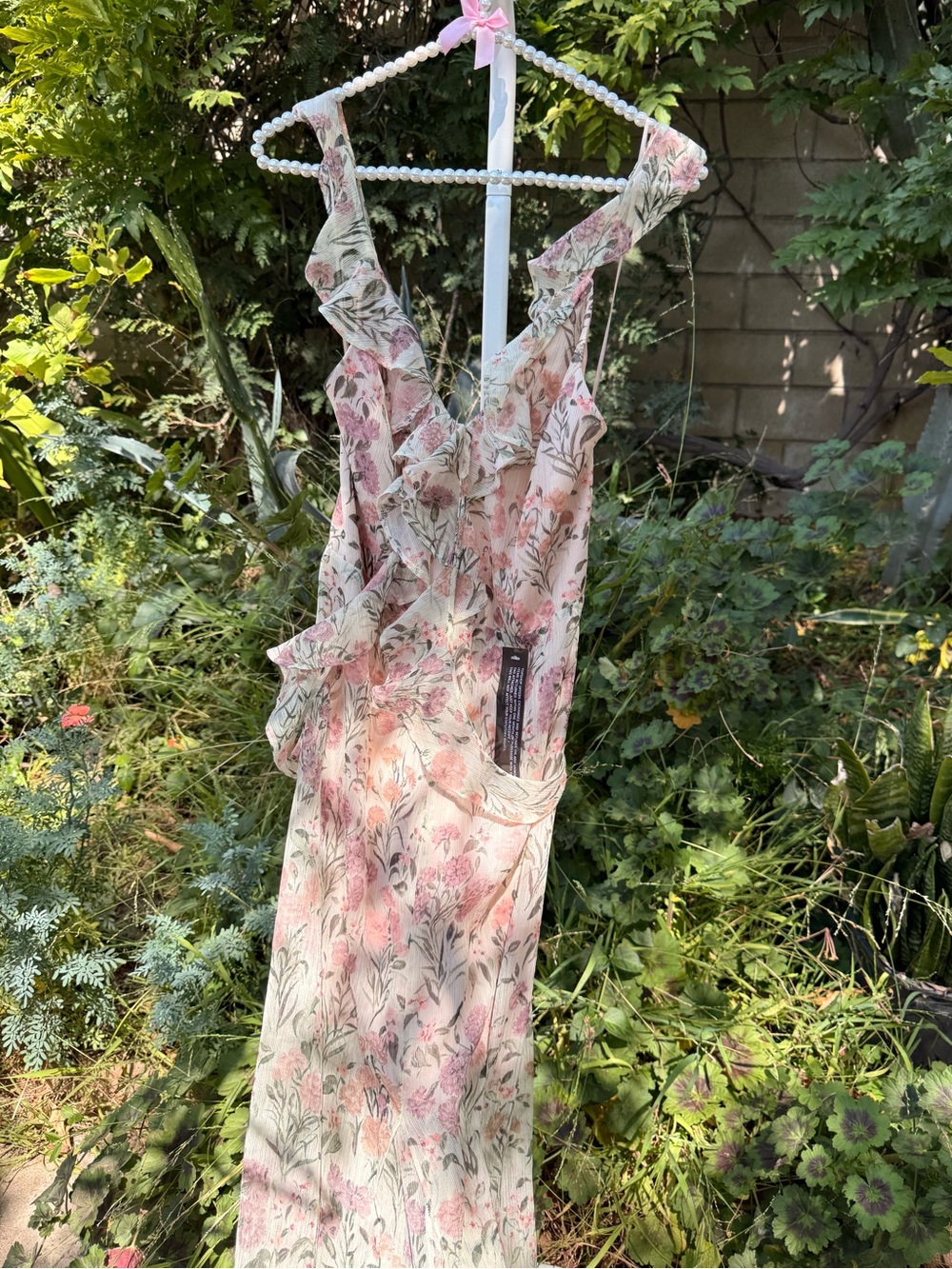 Pink Floral Ruffle Plunge Maxi Garden Party Dress